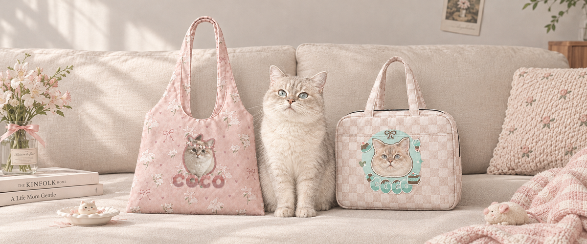 Custom pet bags and a cat on a light sofa