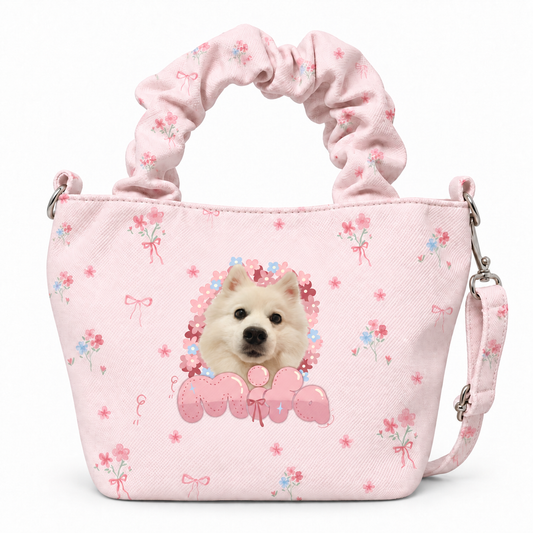 Coco custom gathered bucket bag with ruched handle and shoulder strap